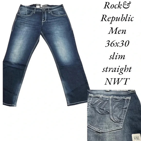 ROCK & REPUBLIC men jeans,NWT 36x30 slim straight,blue,manufactured fading - Picture 3 of 10